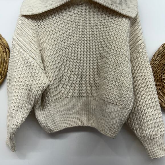 H&M Neutral Off White Collared Chunky Knit Pullover Sweater Small Preppy Neutral - Picture 5 of 7